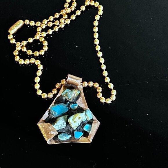 Kingman Turquoise Copper Pendant Necklace Brutalist Gift Choker 16" Handmade - Picture 4 of 5